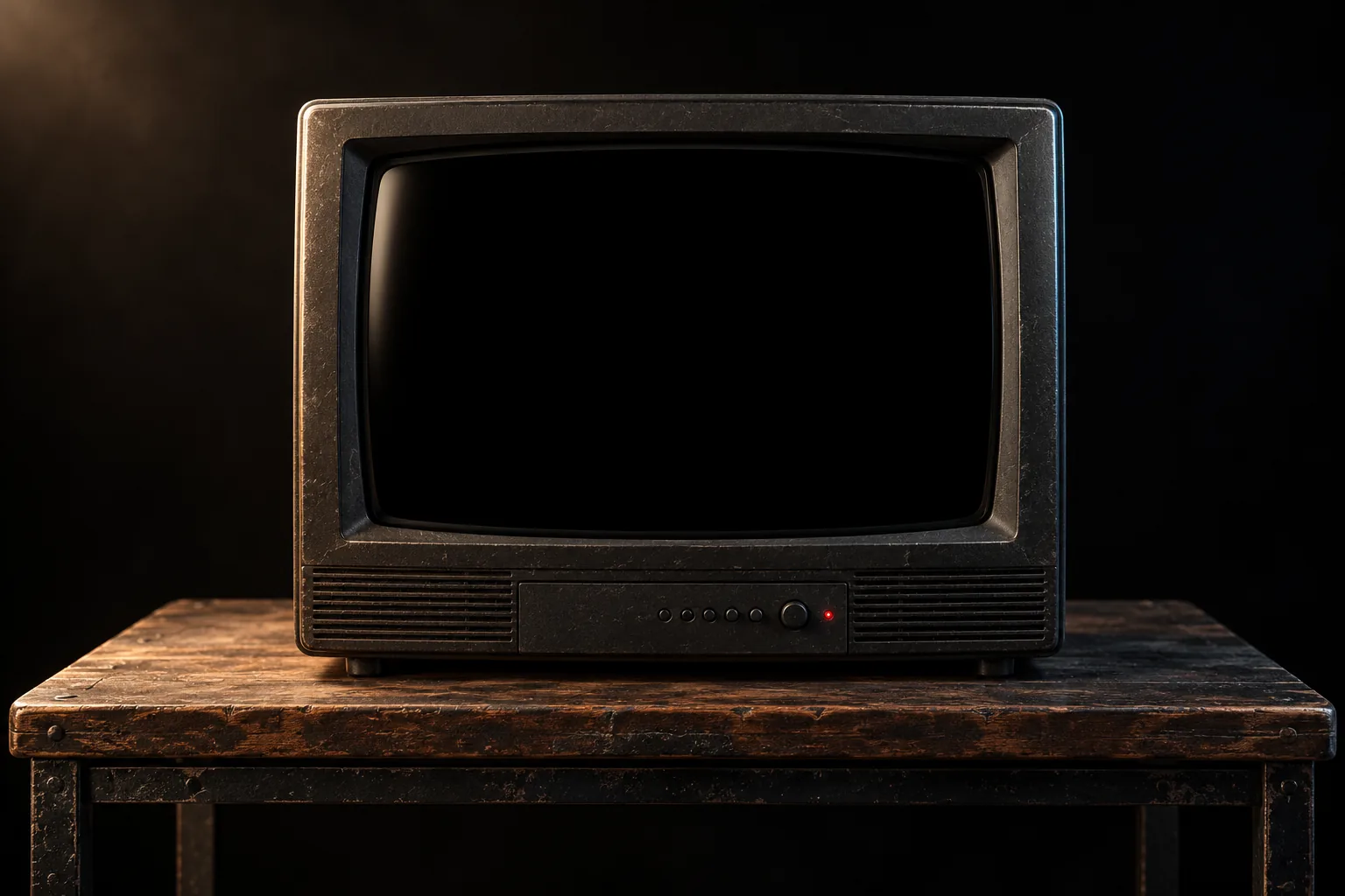 Siyah stüdyoda ahşap masa üzerinde duran retro televizyon